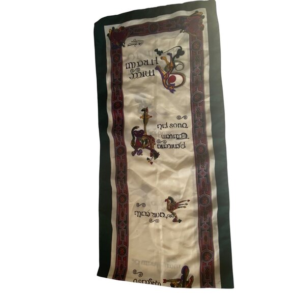 Vtg Book of Kells Irish Green Silk Scarf Celtic Knot Animal Griffins 12" x 52" - Picture 2 of 9